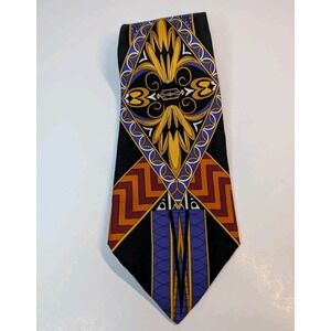 John Blair Necktie Tie Black Yellow Purple Aztec Print 100% Silk Vintage